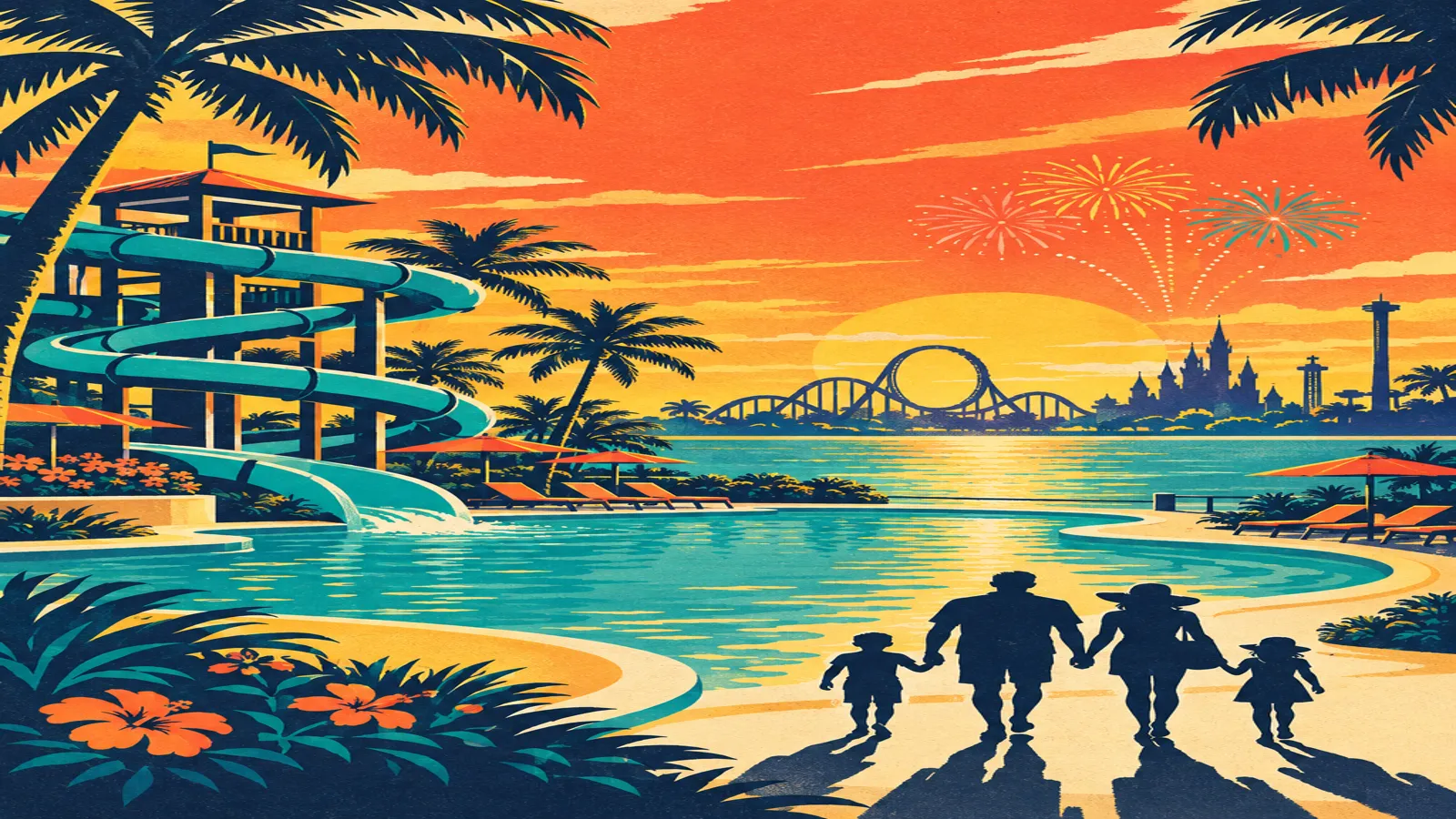 Illustrated Florida resort pool with water slide and a theme park skyline at sunset